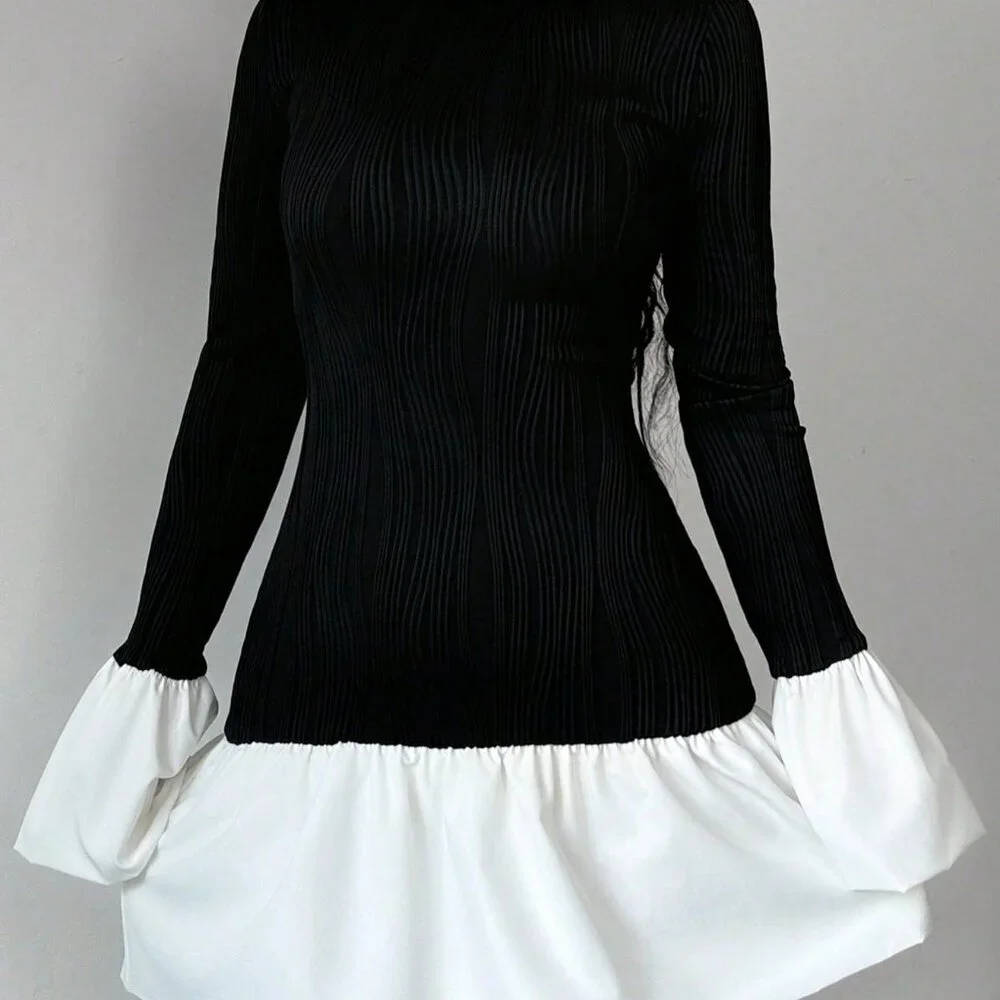 Black And White Elegant Women's Romantic Round Neck Contrast Color Dress - Picture 3 of 5